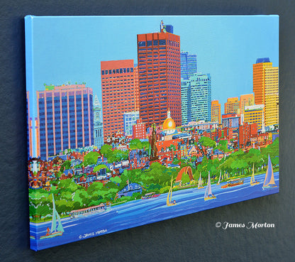 Left angled view of Boston panoramic canvas print featuring the Charles River, sailboats, the Hatch Shell, Union Boat Club Boathouse, mirror image wrapped edge, and the artist's signature in the lower left corner.