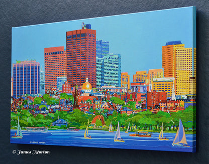 Right angled view of Boston wall art canvas print featuring Beacon Hill, the Massachusetts State House, sailboats on the Charles River, lush Esplanade trees, mirror image wrapped edges, and the artist's signature James Morton.