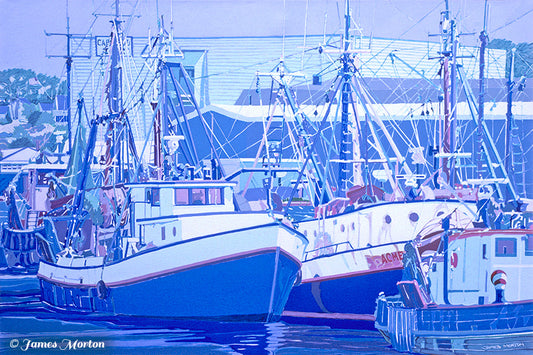 Painting of Gloucester Harbor with fishing boats at Fisherman's Wharf and Cape Pond Ice sign in background, featuring a cool palette of blue, violet, and white.
