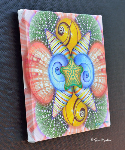 Left side view of Blushing Shells canvas wall art featuring seashell and starfish kaleidoscope design with wrapped edges.