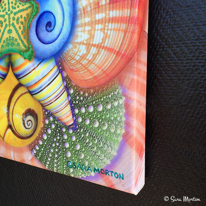 Corner detail of Blushing Shells stretched canvas print showing wrapped edge artwork and artist Sara Morton signature.