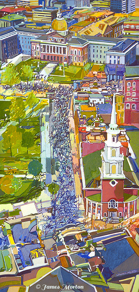 Aerial painting of Boston featuring the State House dome on Beacon Hill, Boston Common, Park Street Church, and marchers moving through the streets
