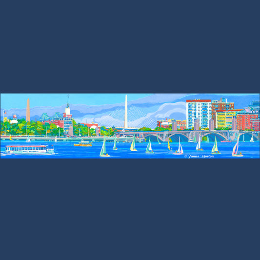 Boston skyline painting featuring Zakim Bridge and Longfellow Bridge spanning the Charles River with sailboats, original acrylic painting by James Morton