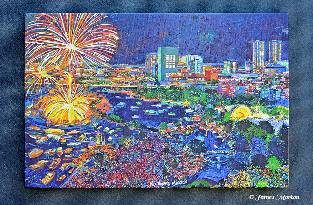Painting of Esplanade Boston Fireworks 4th of July - Stretched Canvas Art Print 18in x 12in - Ready to Ship