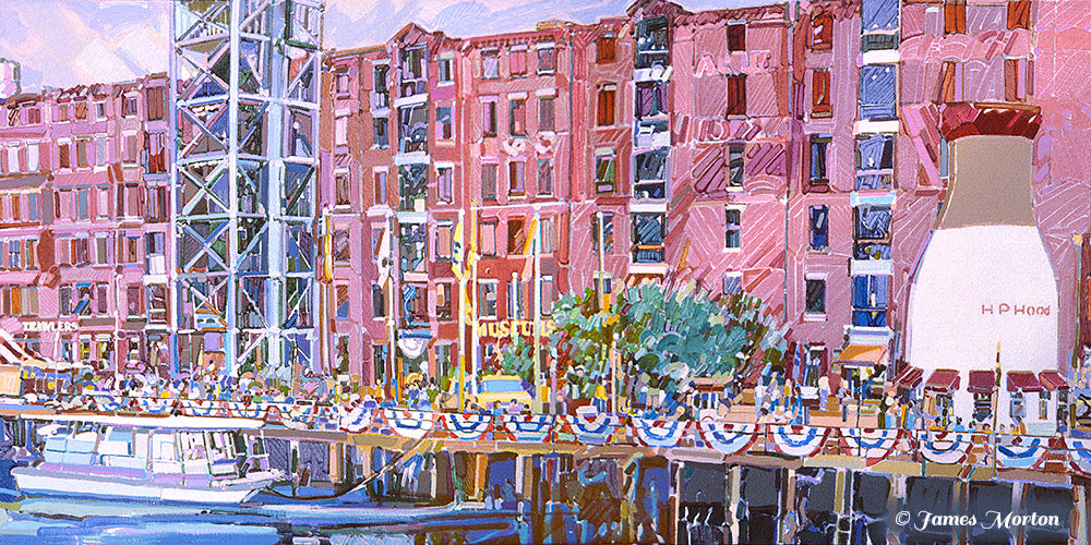 Boston painting of the Children’s Museum and Hood Milk Bottle on Fort Point Channel – a nostalgic 1980s waterfront scene filled with summer visitors and patriotic banners.
