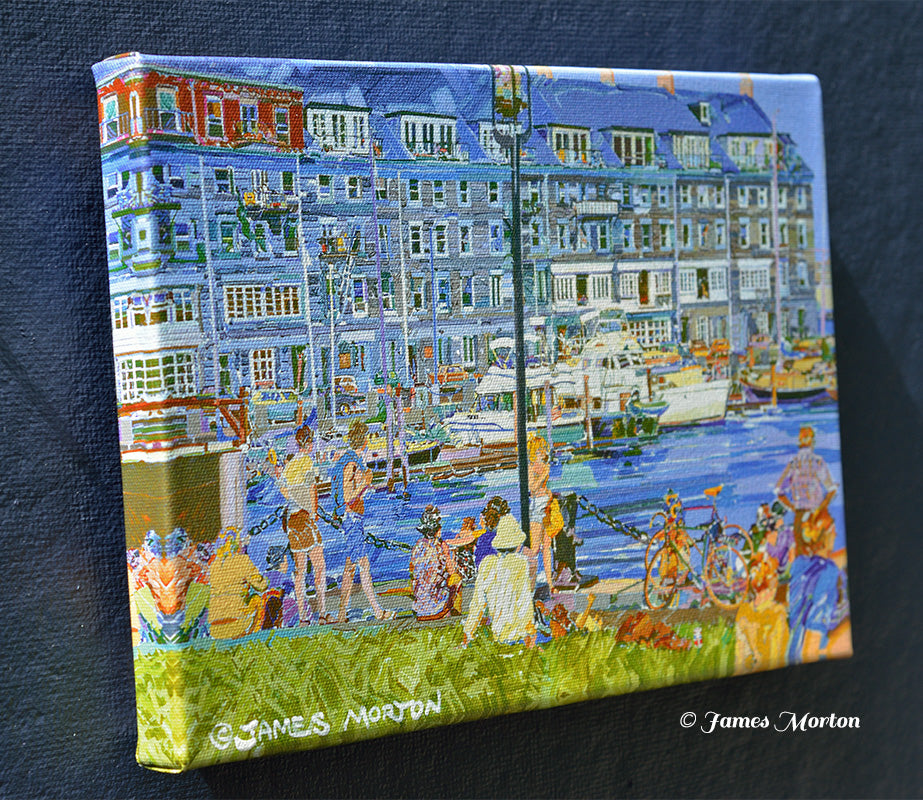 Left angle view of a 12x8 Commercial Wharf Boston canvas print showing the historic waterfront building, marina boats, and Boston Harbor scene.