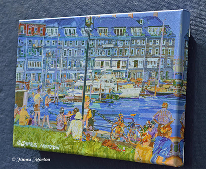 Right angle view of a 12x8 Commercial Wharf Boston canvas print depicting yachts docked along the marina and the historic waterfront landmark.