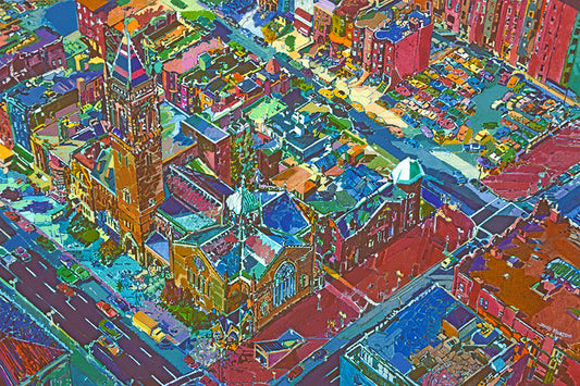 Aerial painting of Copley Square in Boston featuring Old South Church, Newbury Street, and Boylston Street with autumn colors and cranberry reds