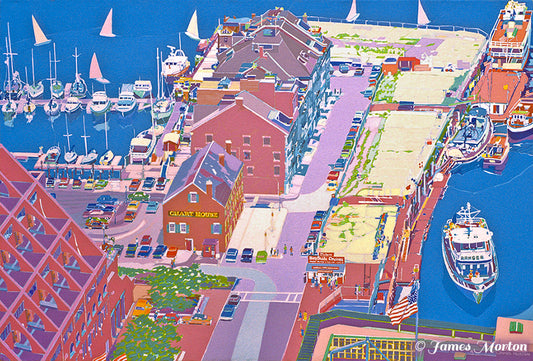 Aerial painting of Boston Harbor showing Long Wharf, boats, and waterfront buildings
