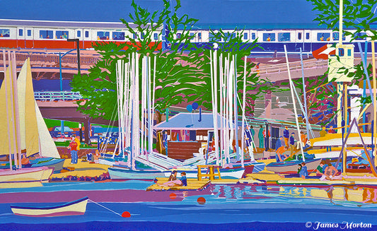 Colorful summer painting of Boston’s Charles River with sailboats, rowboats, Community Boating, and MBTA trains crossing the Longfellow walkway.