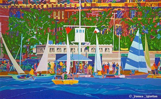 Painting of Boston’s Charles River with Community Boating, sailboats, and red brick buildings on a warm summer afternoon
