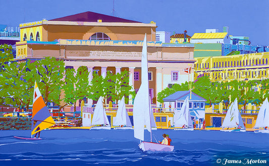 Painting of MIT from the Charles River with sailboats, the Great Dome, and green summer trees, by artist James Morton
