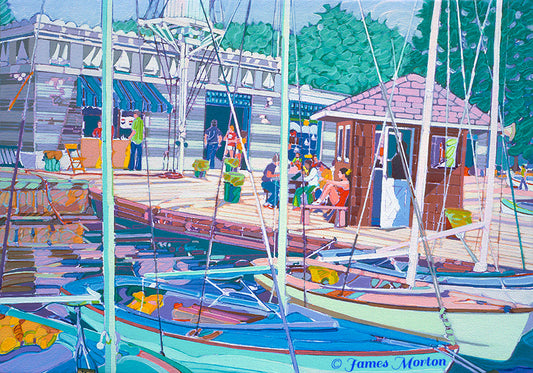 Fine art prints of a painting of Boston’s Community Boating Boathouse with sailboats on the Charles River, docks to the right, and leafy trees in the background.