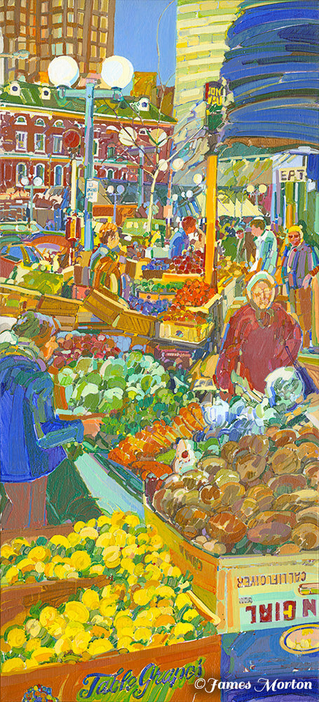 Boston Haymarket Painting of Fruit Market near Faneuil Hall with people shopping, selling fruit and vegetables.