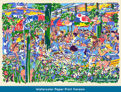 Watercolor paper print of Boston’s Quincy Market restaurant painting – shows natural painted edges, with café umbrellas and a lively summer crowd