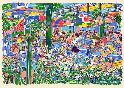 Original acrylic painting of Quincy Market outdoor restaurant scene in Boston, with natural painted edges and colorful café umbrellas.