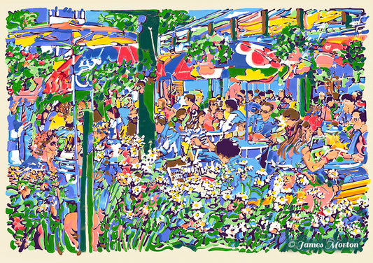 Original acrylic painting of Quincy Market outdoor restaurant scene in Boston, with natural painted edges and colorful café umbrellas.