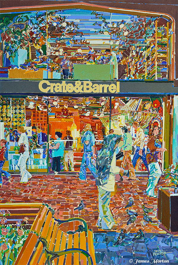 Boston painting of Quincy Market storefront with Crate & Barrel sign – a nostalgic street scene from Faneuil Hall Marketplace with cobblestones and shoppers


