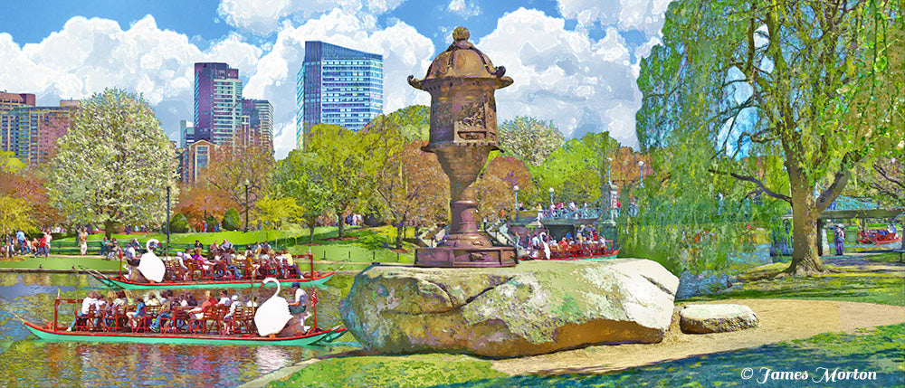 Panoramic Boston Public Garden art print lagoon with Swan Boats, cherry blossoms, Japanese Lantern, and Back Bay skyline in spring 