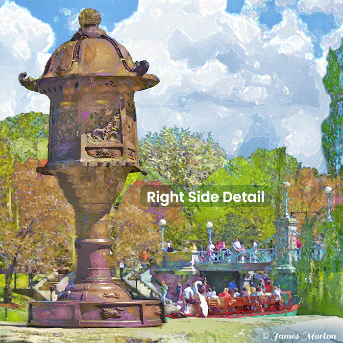 Japanese Lantern and Swan Boat beneath footbridge in Boston Public Garden, spring scene with cherry blossoms and reflections 