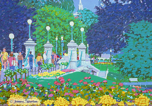 Boston Public Garden canvas & paper print with spring flowers and swan pond bridge, painting by artist James Morton
