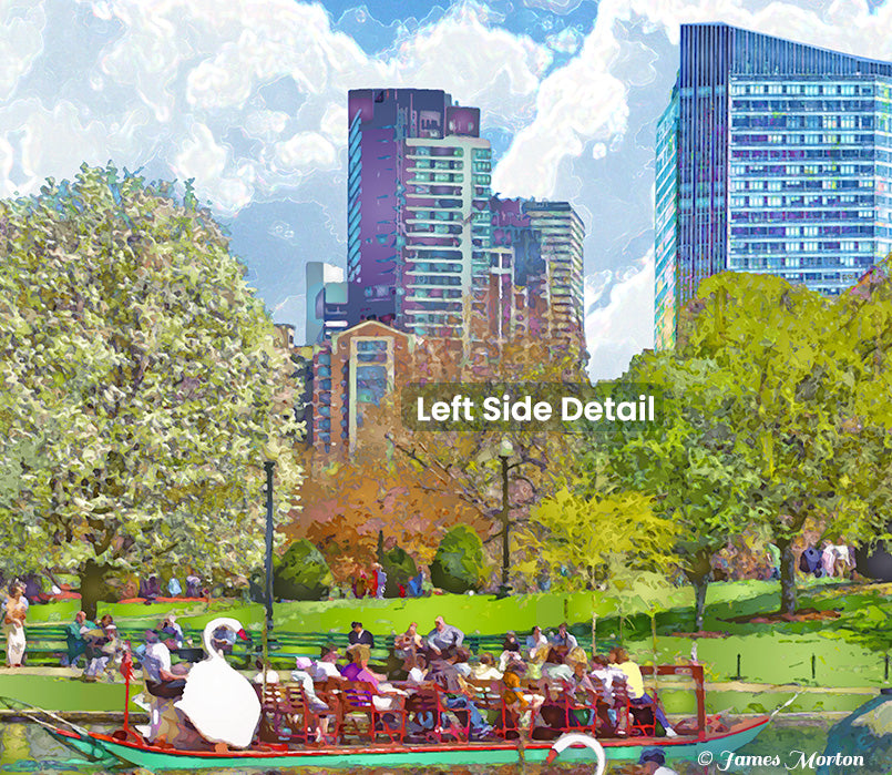 Boston wall art, Boston Back Bay skyline peeking through spring trees and swan boats in Boston Public Garden, seen from across the lagoon 
