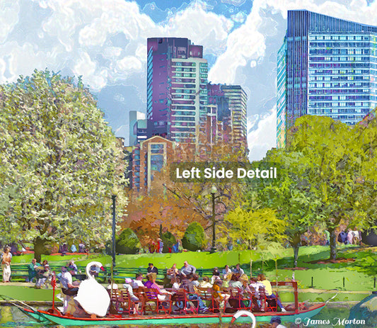 Boston wall art, Boston Back Bay skyline peeking through spring trees and swan boats in Boston Public Garden, seen from across the lagoon 
