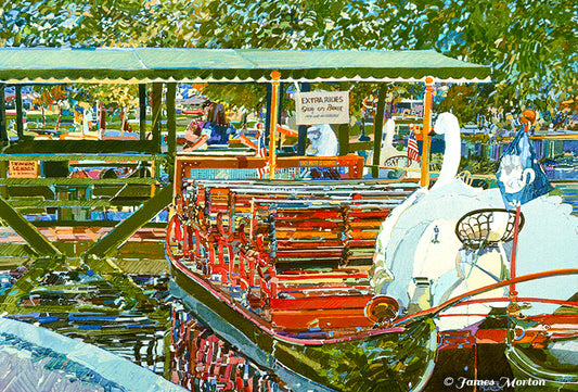 Painting of Swan Boat at Boston Public Garden with trees and dock in view