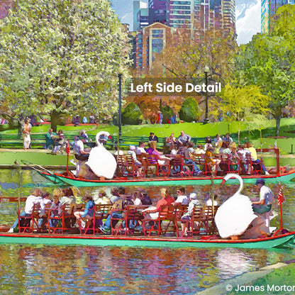 Swan Boat Boston print. Detail of two Swan Boats on the lagoon in Boston Public Garden, spring trees in bloom and rippled reflections 
