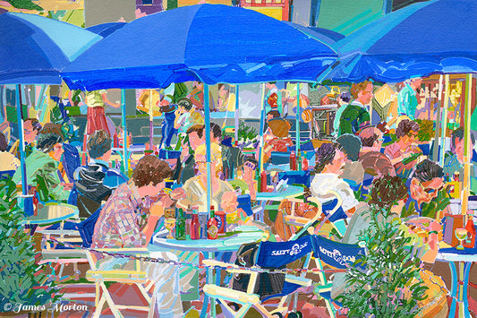 Painting of Outdoor Restaurant at Boston’s Quincy Market, with diners seated under blue umbrellas in a lively café setting.