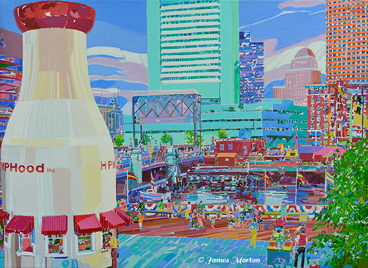 Painting of Boston Seaport with Hood Milk Bottle, Children’s Wharf, Tea Party Museum, Congress Street Bridge, and Financial District skyline
