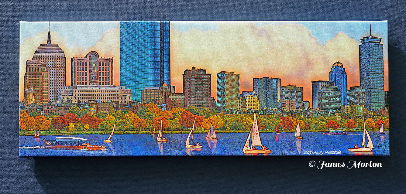 Back Bay Brilliance Boston skyline canvas print featuring the Charles River, sailboats, and Back Bay skyscrapers by James Morton