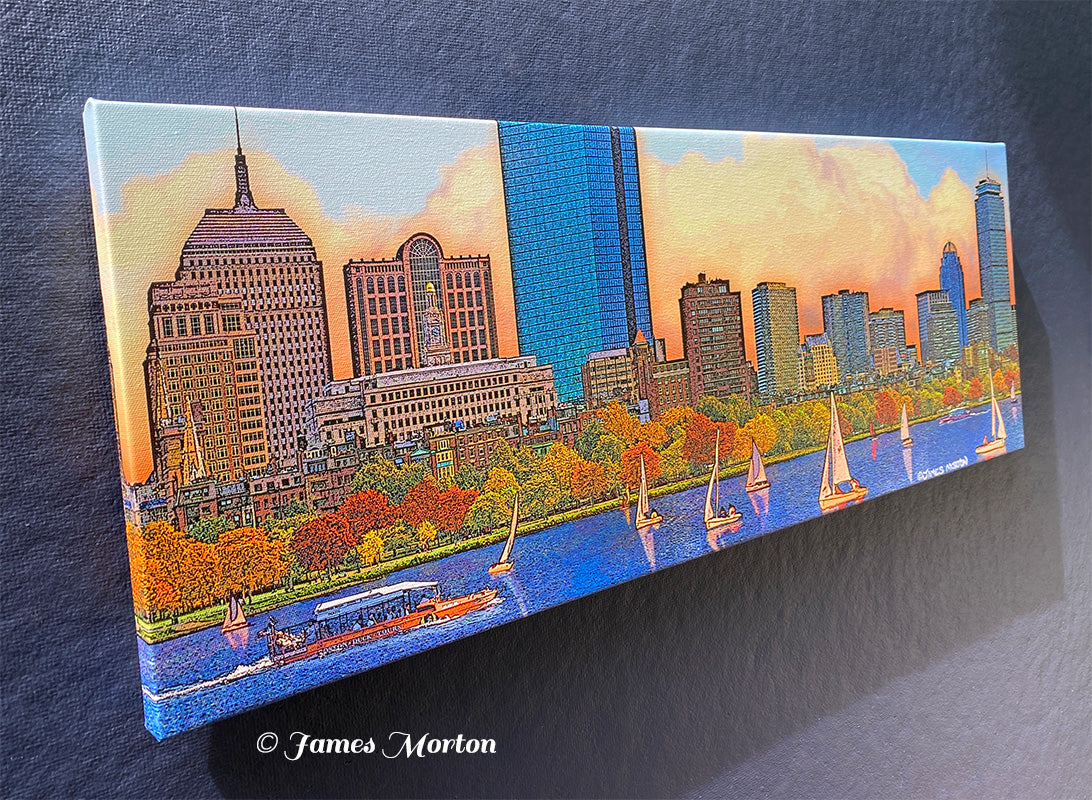 Angled view of Back Bay Brilliance Boston skyline stretched canvas print with panoramic Back Bay waterfront scene