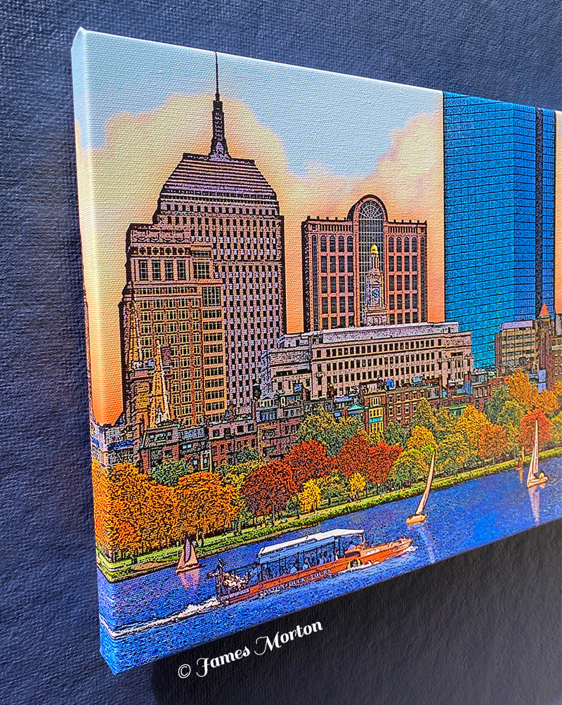 Left side detail of Back Bay Brilliance ready-to-ship Boston skyline canvas print with mirror image wrapped edges