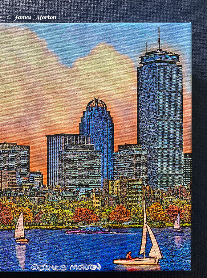 Close-up side view of Boston skyline stretched canvas print showing Prudential tower and 111 Huntington Ave detail with sailboats and archival canvas texture