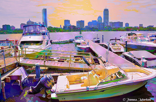 Charles River Yacht Club canvas print of Boston skyline at sunset, featuring iconic skyscrapers, yachts, and sport boats.