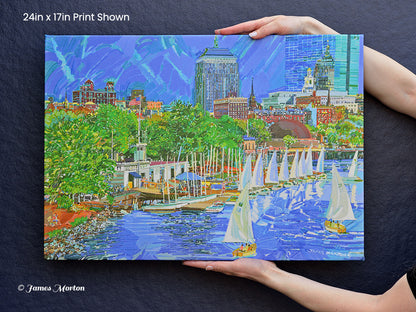 Boston Skyline Canvas Print of Charles River Painting 24in x 17in stretched ready to ship. Held b hand for scale.