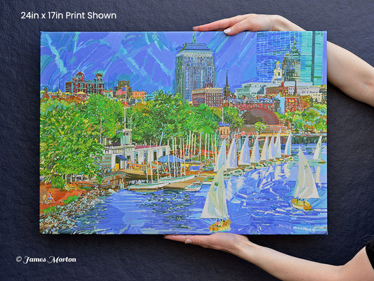Boston Skyline Canvas Print of Charles River Painting 24in x 17in stretched ready to ship. Held b hand for scale.