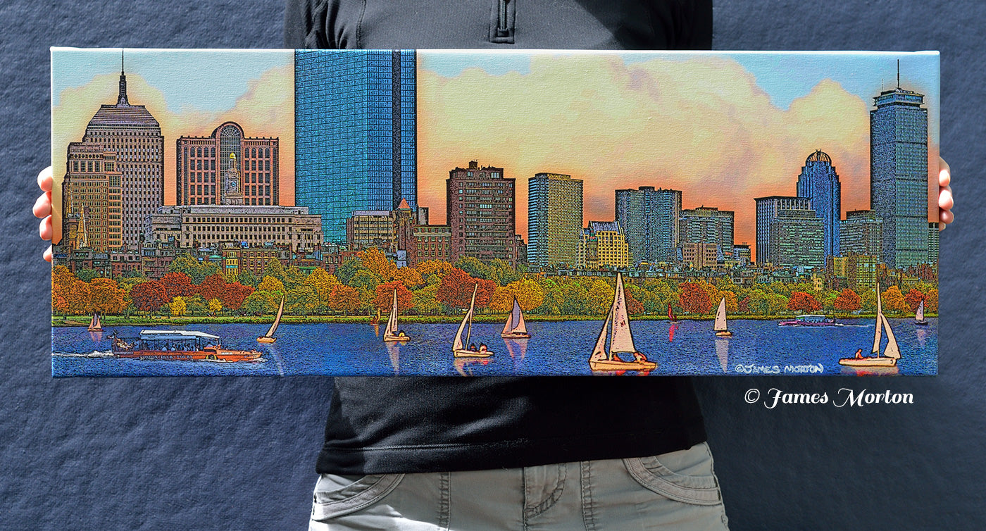 Hand-held front-facing scale view of Back Bay Brilliance 30x11 Boston skyline stretched canvas print with Prudential Tower, John Hancock Tower, and Charles River by James Morton