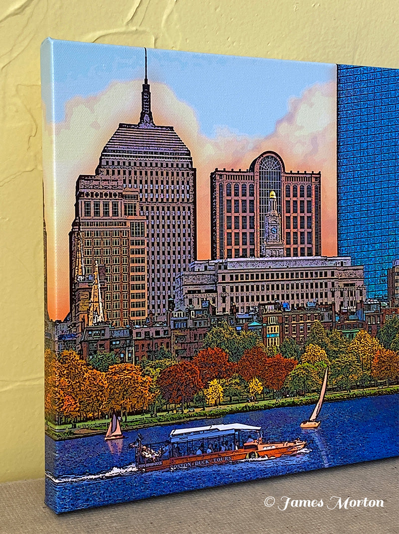 Side detail of Back Bay Brilliance ready-to-ship Boston skyline canvas print with mirrored wrapped edges
