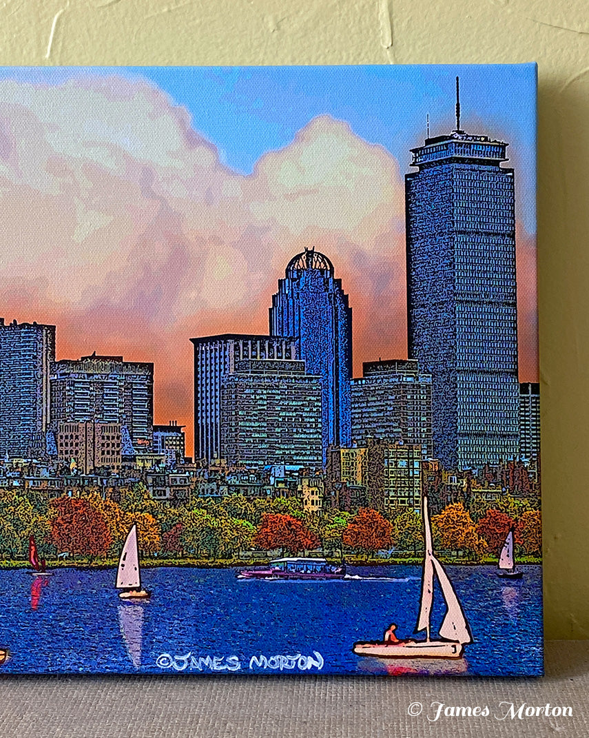 Close-up side view of Boston skyline stretched canvas print showing Prudential tower and 111 Huntington Ave detail with archival canvas texture