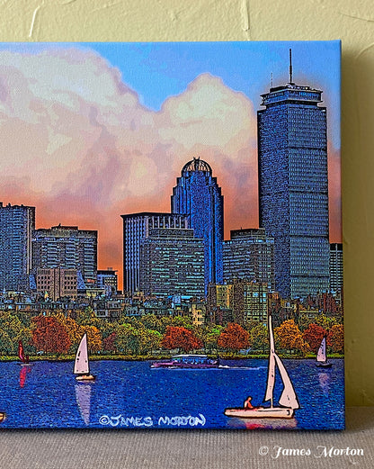 Close-up side view of Boston skyline stretched canvas print showing Prudential tower and 111 Huntington Ave detail with archival canvas texture