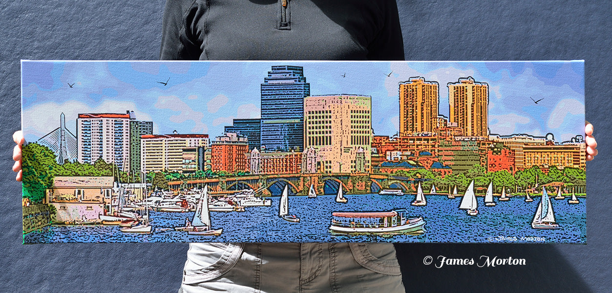 36 x 12 Boston skyline canvas print hand held for scale, featuring Longfellow Bridge, Charles River sailboats, and Boston cityscape artwork by James Morton.
