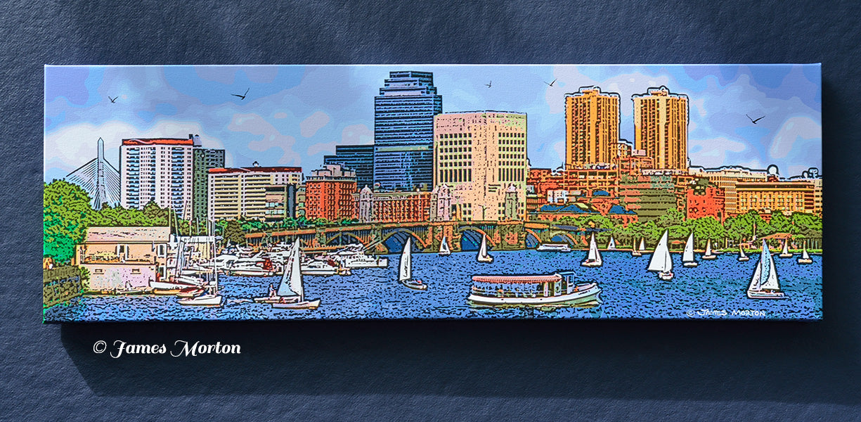 Front-facing 36 x 12 Boston skyline canvas print titled Longfellow on Charles featuring the Longfellow Bridge, Charles River sailboats, and Boston waterfront landmarks.