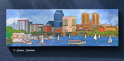 Front-facing 36 x 12 Boston skyline canvas print titled Longfellow on Charles featuring the Longfellow Bridge, Charles River sailboats, and Boston waterfront landmarks.