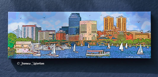 Front-facing 36 x 12 Boston skyline canvas print titled Longfellow on Charles featuring the Longfellow Bridge, Charles River sailboats, and Boston waterfront landmarks.