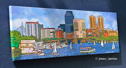 Left angle view of 36 x 12 Boston skyline canvas print with mirrored image wrapped edge, featuring the Longfellow Bridge and Charles River waterfront scene.