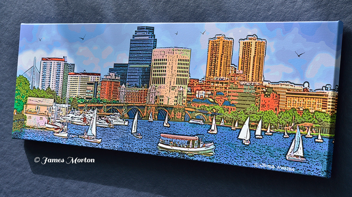 Right angle view of Longfellow on Charles stretched canvas print showing mirrored wrapped edge with sailboats on the Charles River and Boston skyline.