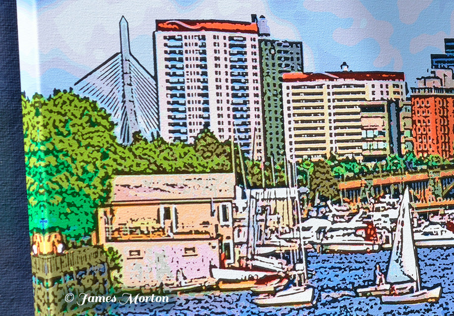 Close-up detail of Longfellow on Charles canvas print showing MIT Sailing Pavillion sailboats on the Charles River, Boston skyline architecture, and the Zakim Bridge in the distance.