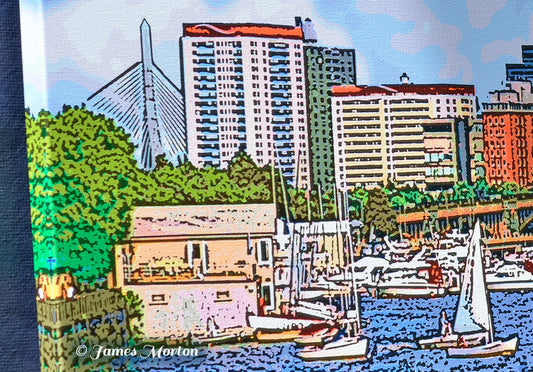 Close-up detail of Longfellow on Charles canvas print showing MIT Sailing Pavillion sailboats on the Charles River, Boston skyline architecture, and the Zakim Bridge in the distance.